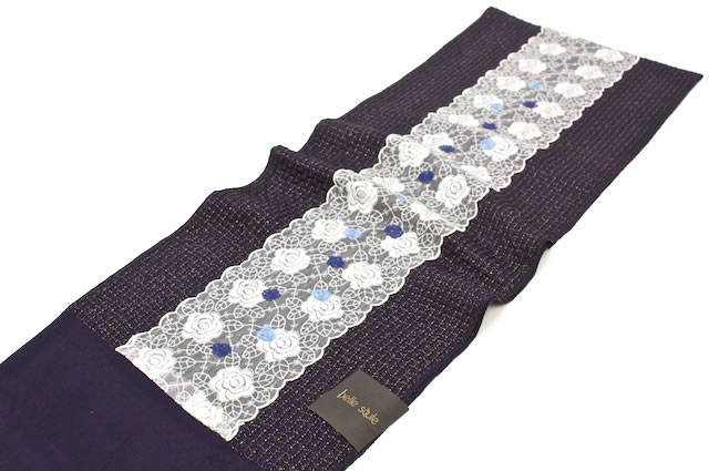 紫,バラ刺繍チュールレース付き丹後ちりめん正絹帯揚げ