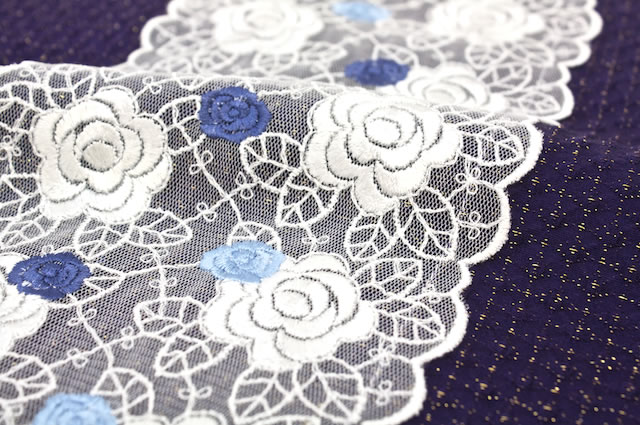 紫,バラ刺繍チュールレース付き丹後ちりめん正絹帯揚げ