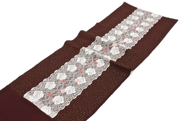 着物スタイルにおすすめ、薔薇刺繍チュールレース付き丹後ちりめん正絹帯揚げ